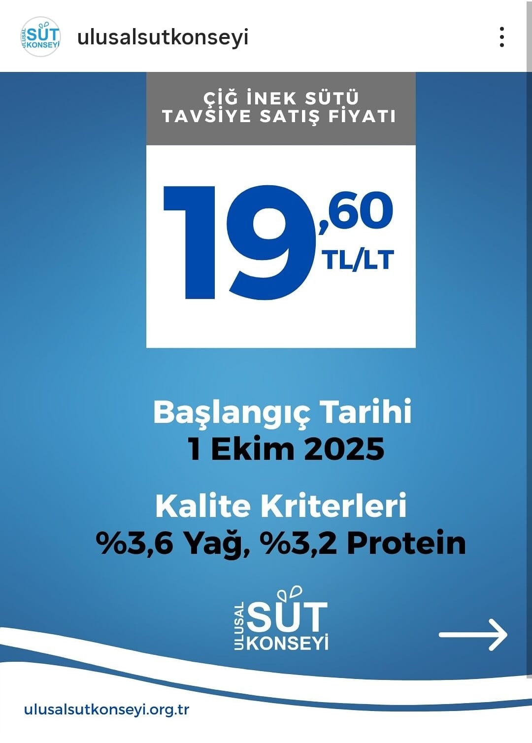 2025 YILI EKİM AYI ÇİĞ İNEK SÜTÜ TAVSİYE SATIŞ FİYATI